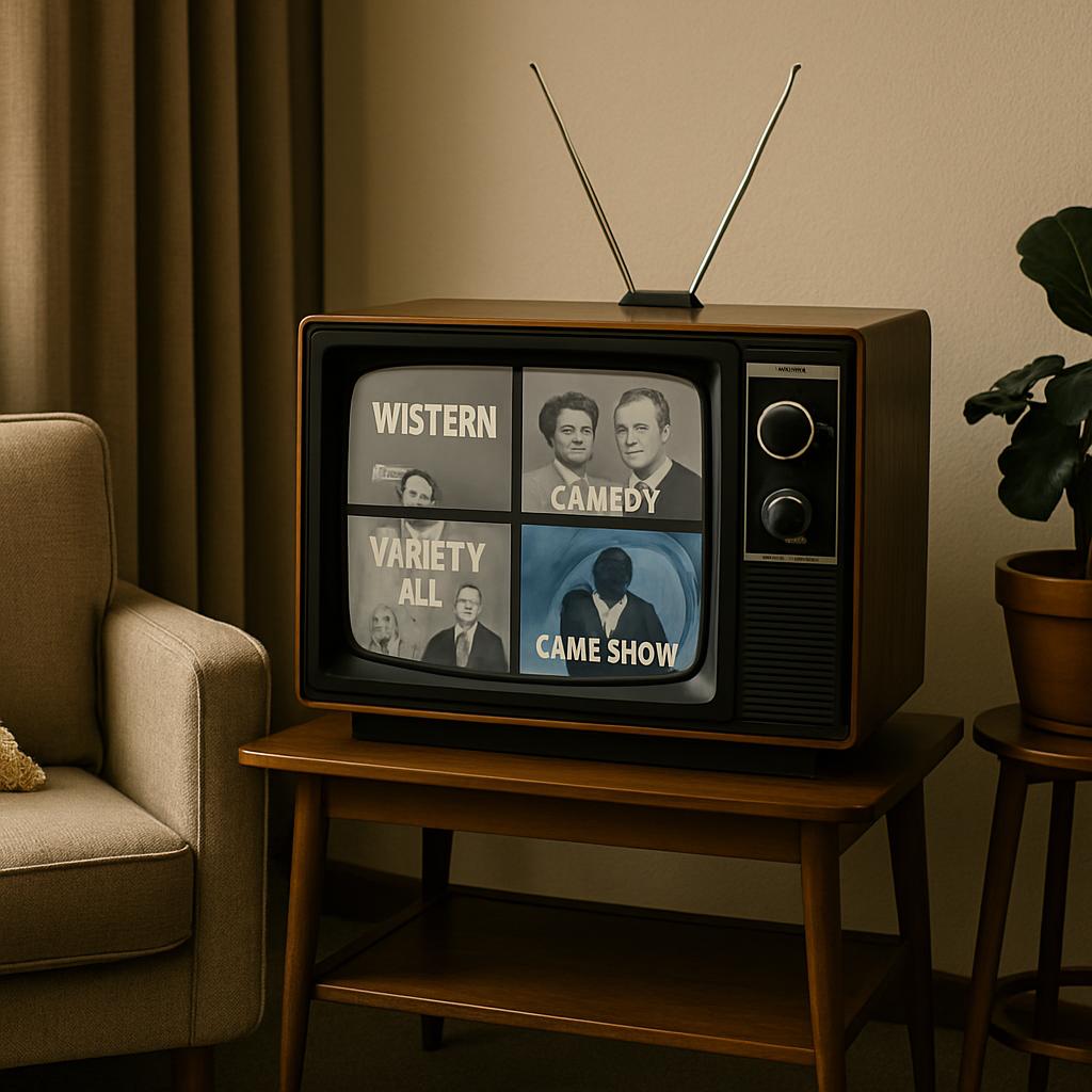 A vintage television set on an end table, displaying a Cathode Ray Tube (CRT) screen with different TV genres including: W...