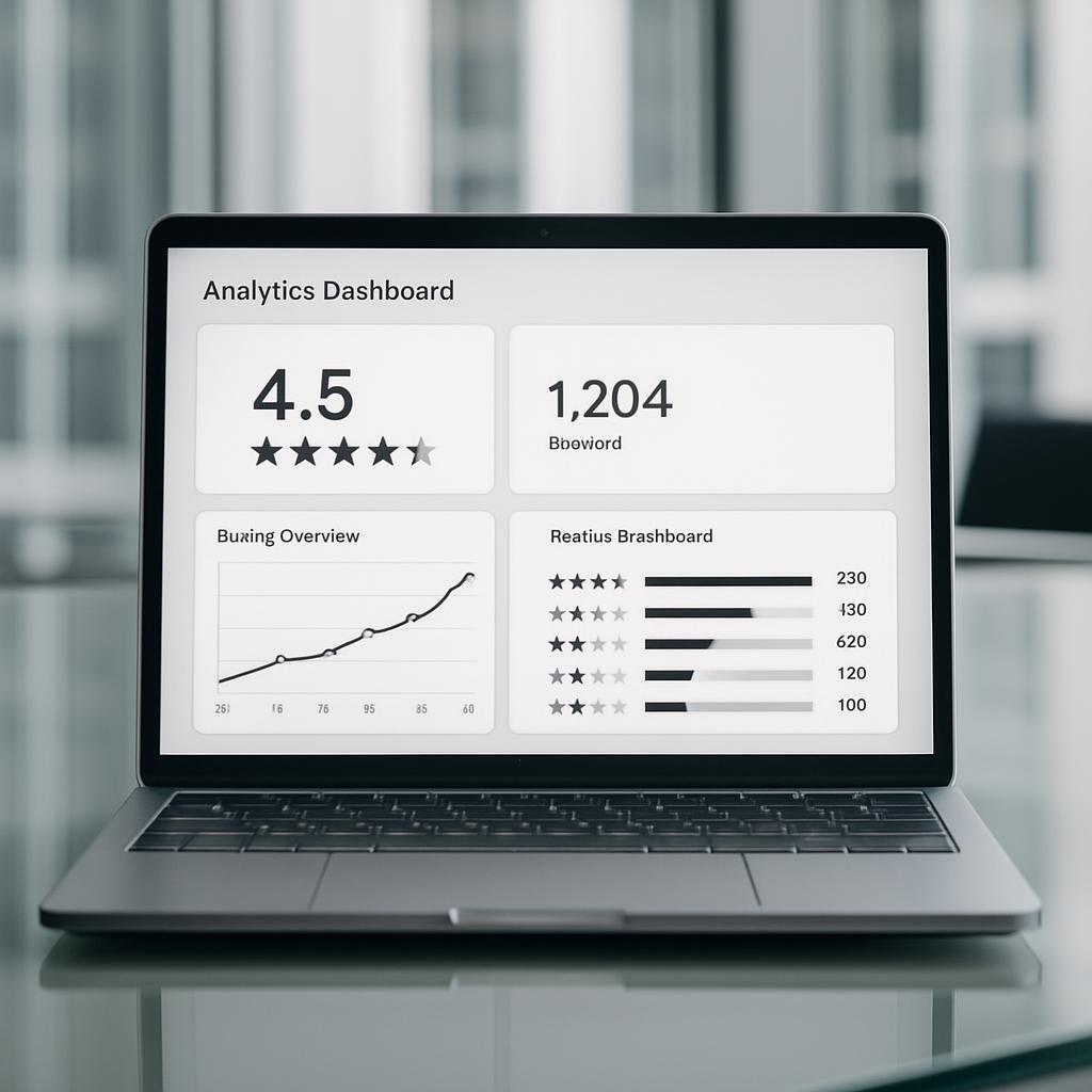 Laptop displaying an analytics dashboard with ratings, graphs, and statistics, set against a blurred office background.