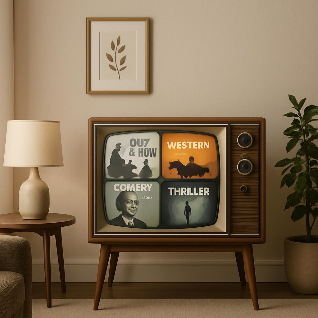Vintage television in style of a mid-century modern wooden TV, in a living room, with images and words on the screen sugge...